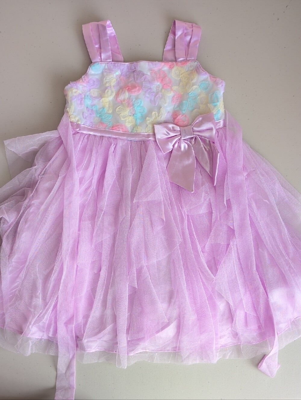Jona Michelle Pastel Pink Floral Tulle Dress with Satin Bow